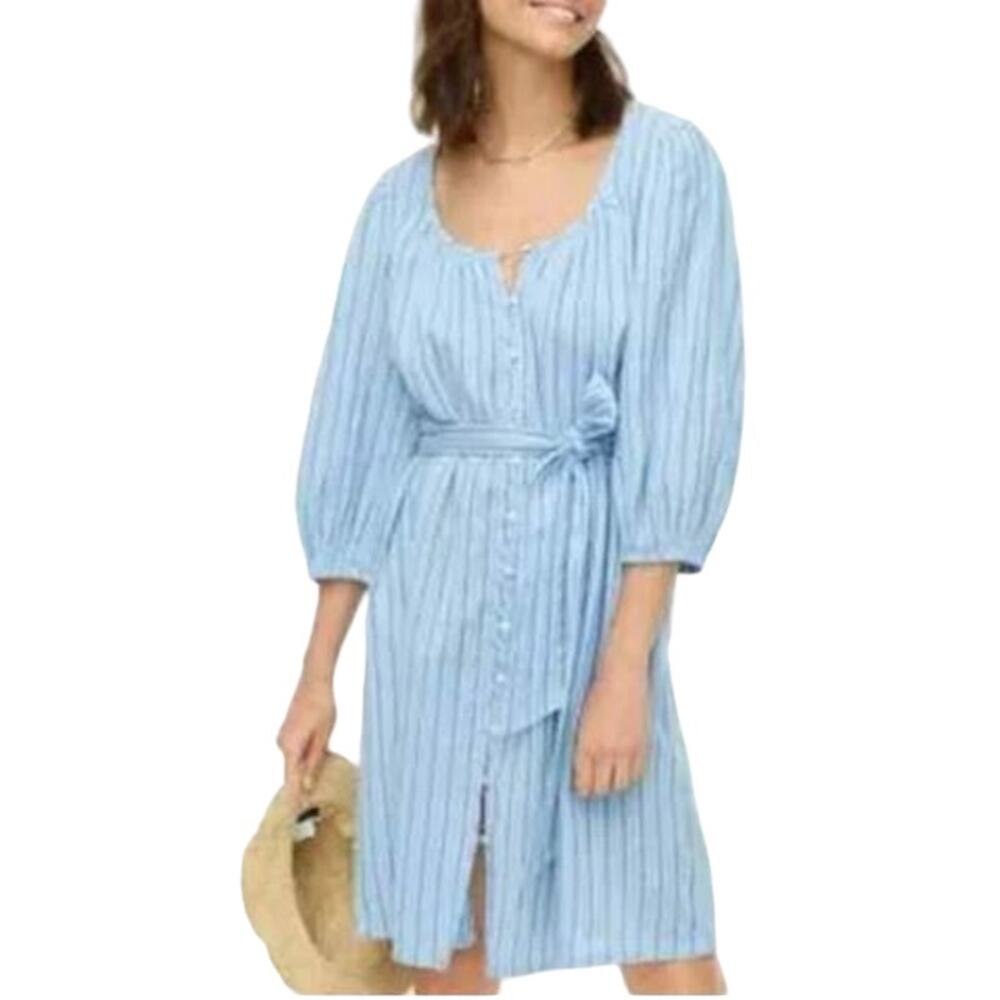 J Crew AV065 Blue Striped Cotton 3/4 Balloon Sleeve Belted Shift Dress XS